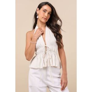 Lulus Adelita Cream Tie-front Halter Peplum Top White - Size L